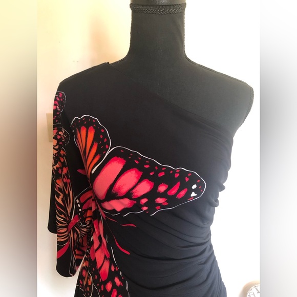 Dress; EUC; One Arm; Bisou Bisou; Black w/Butterflies; Side Ruching - Picture 2 of 16